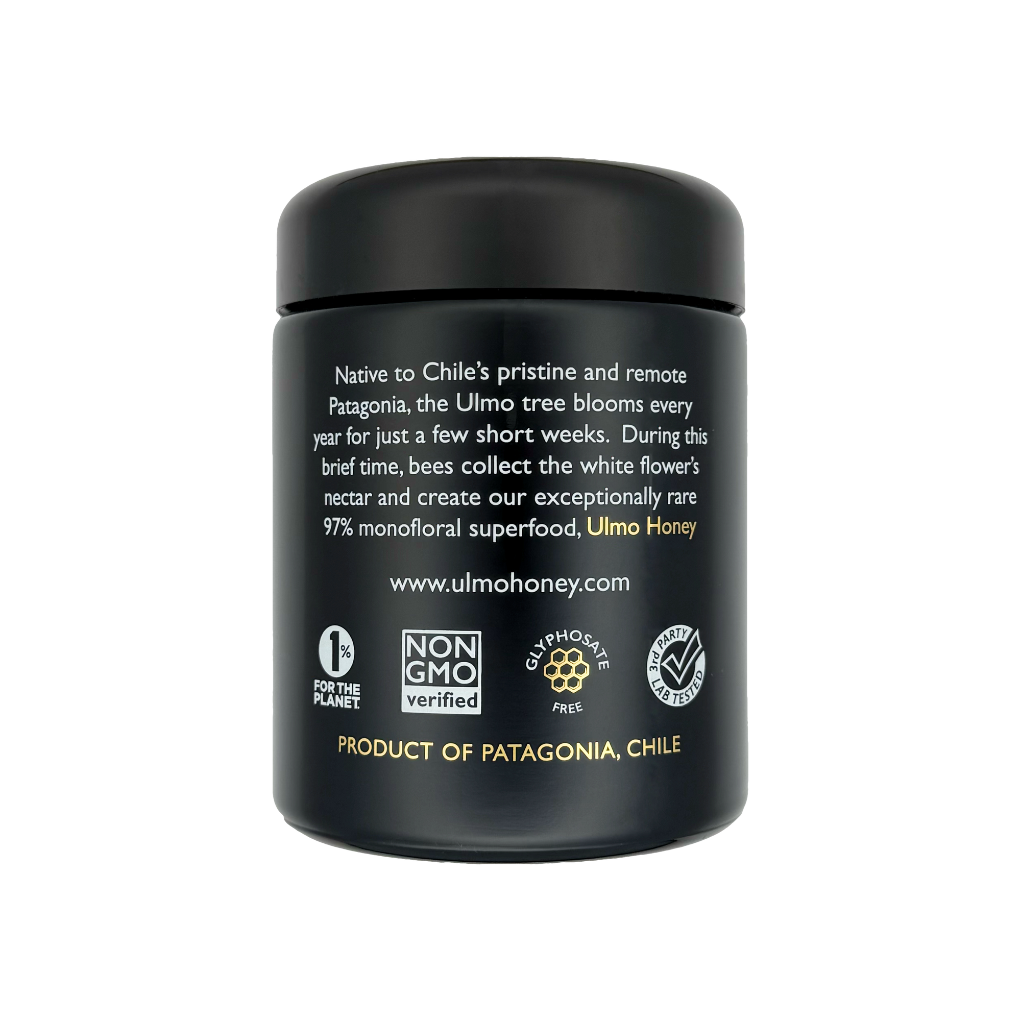 back side of ulmo honey jar, with certifications, product of Patagonia, Chile