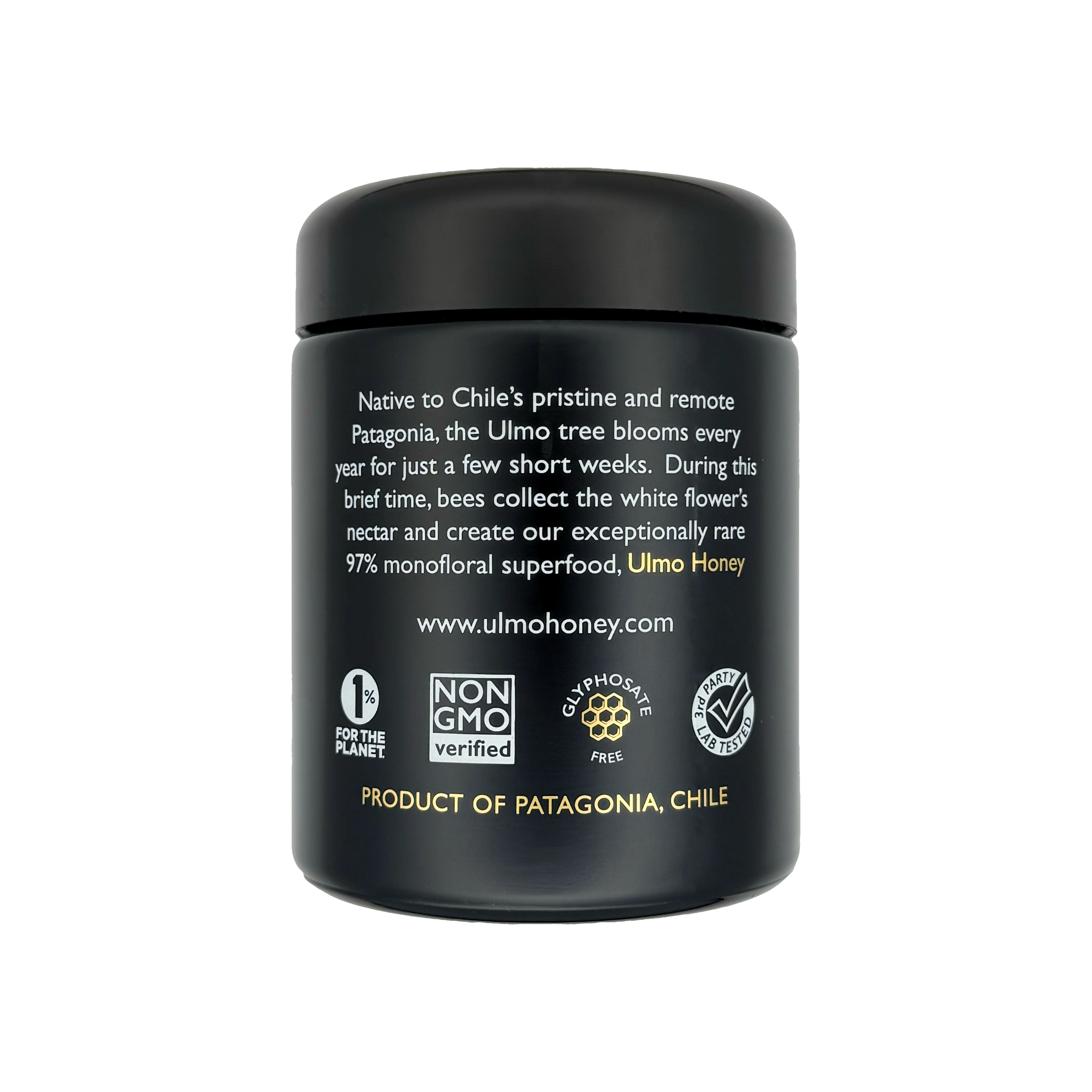 back side of ulmo honey jar, with certifications, product of Patagonia, Chile