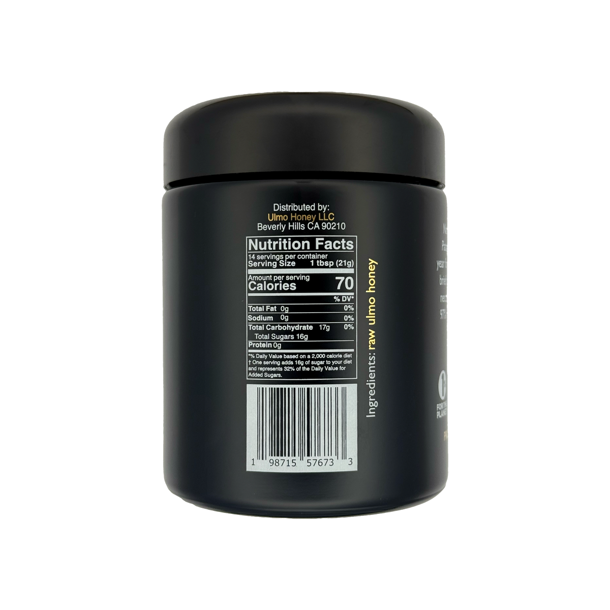 Ulmo Honey Company jar side view with nutrition facts