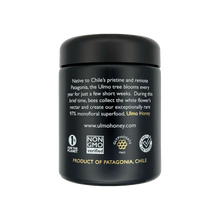 back side of ulmo honey jar, with certifications, product of Patagonia, Chile