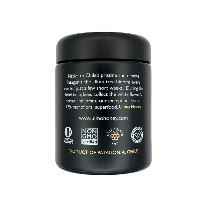 Ulmo Honey Company jar back label, Product of Patagonia, Chile, certifications
