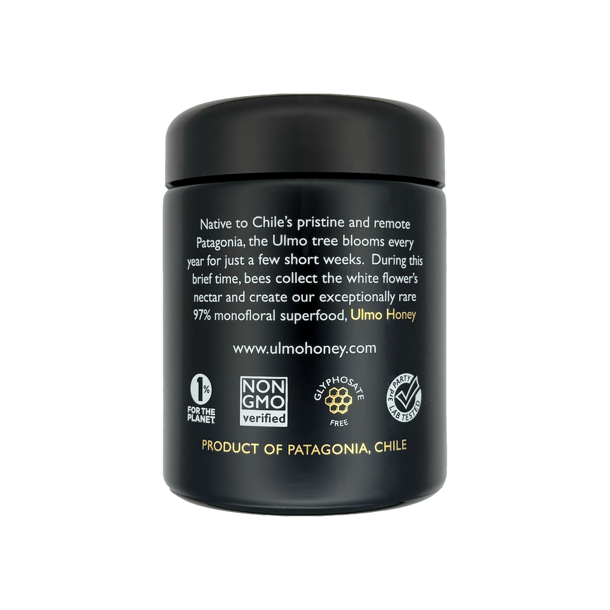 Ulmo Honey Company jar back label, Product of Patagonia, Chile, certifications